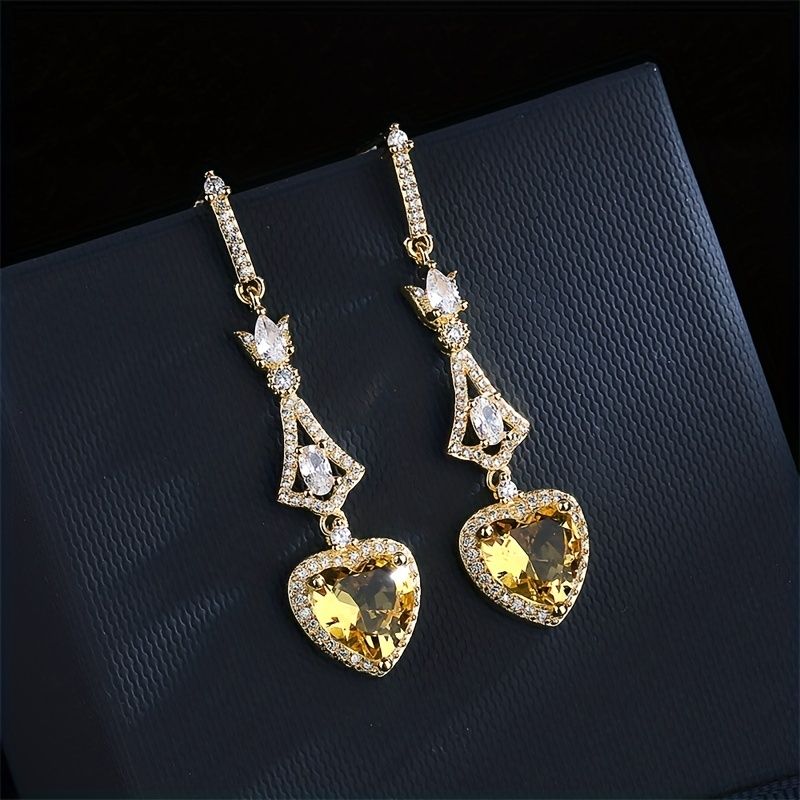 Geometry Shape 3 Claw Heart Yellow Faux Gemstone Long Earrings For Women Wedding Engagement Party Gift Vintage Bridal Jewelry