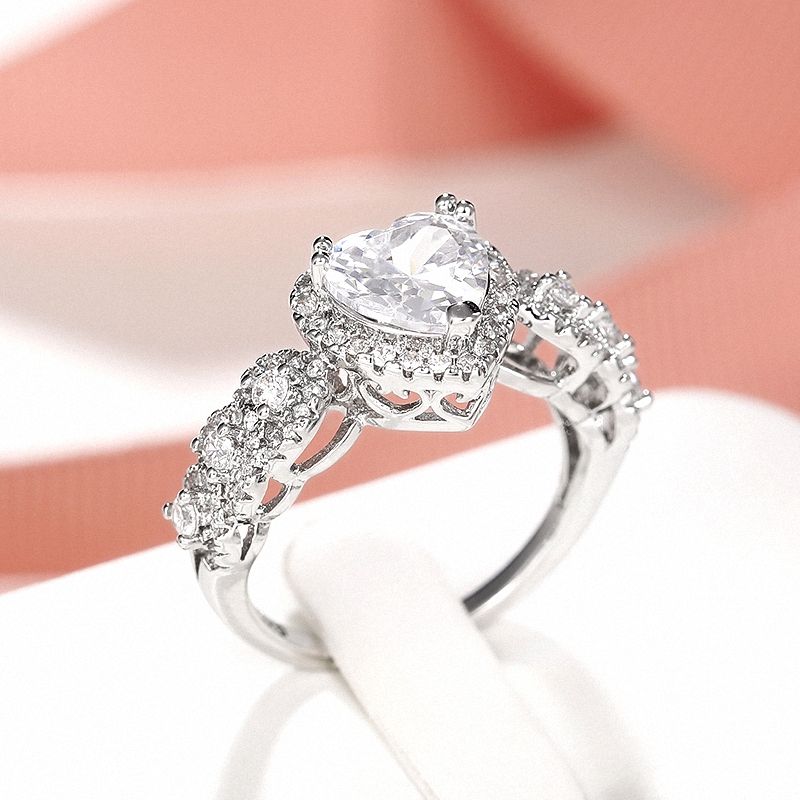 Delicate 925 Silver Plated Micro Pave Zircon Heart Cut White Crystal Rings For Women Bridal Romantic Engagement Proposal Gift