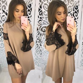 spring new lace stitching long sleeve dress women's clothing