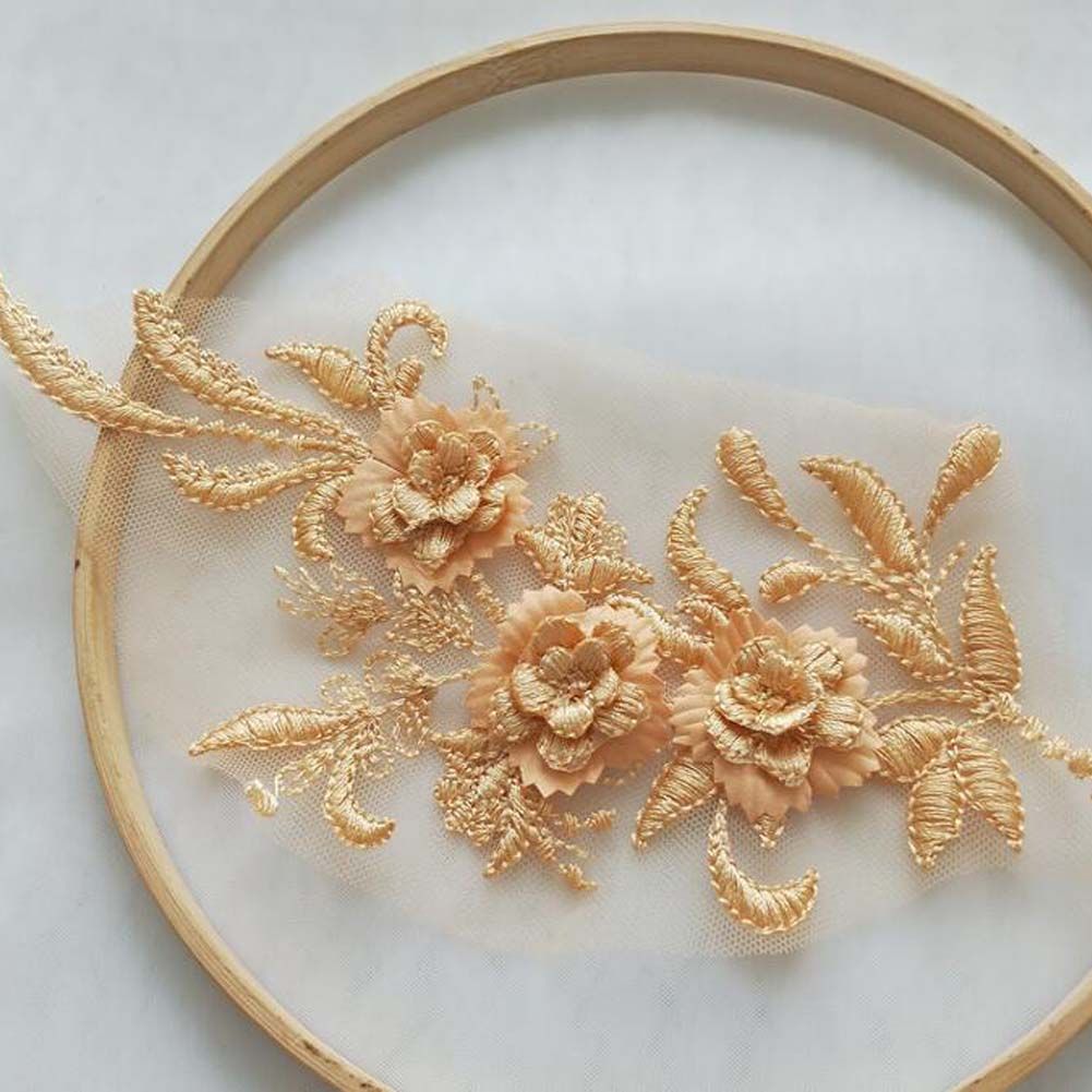 4 Pcs 3D Gold Flower Applique Patches Embroidery Lace Patches Bridal Wedding Dress DIY Sewing Clothing Accessories